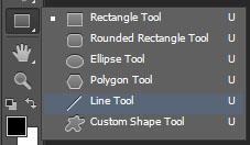 In the Tools Palette, right click the Rectangle Tool and select the Line Tool (as shown below). In the Fill: color box in the Options Bar, change the color to red.