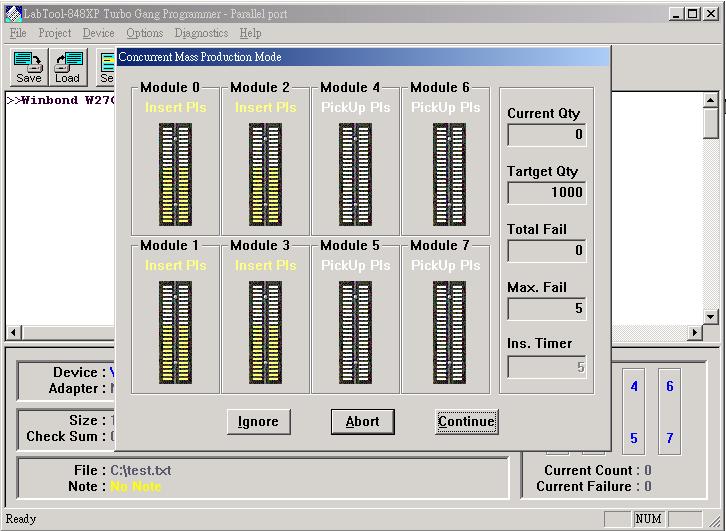 Figure 4.3 Concurrent mass production mode screen An insertion timer is included for use with the insertion test.
