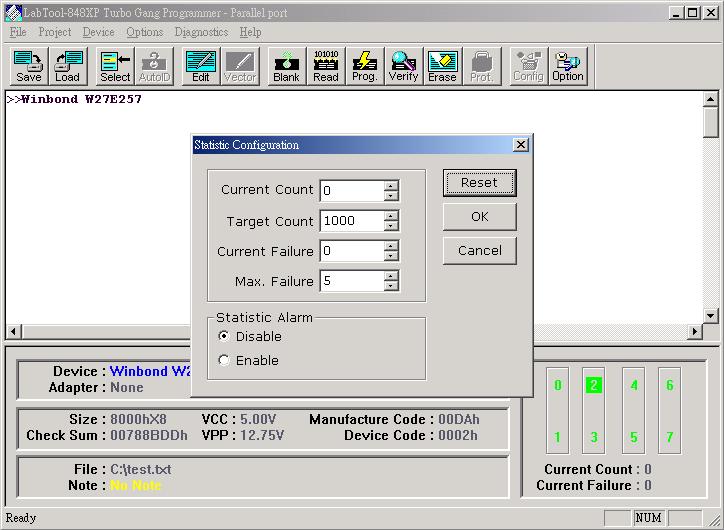 target quantity or the allowable failures is reached, an alarm message is displayed on the screen to alert the operator.