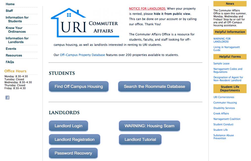 Creating an Account To add properties to our database you must first register as a landlord by going to http://web.uri.