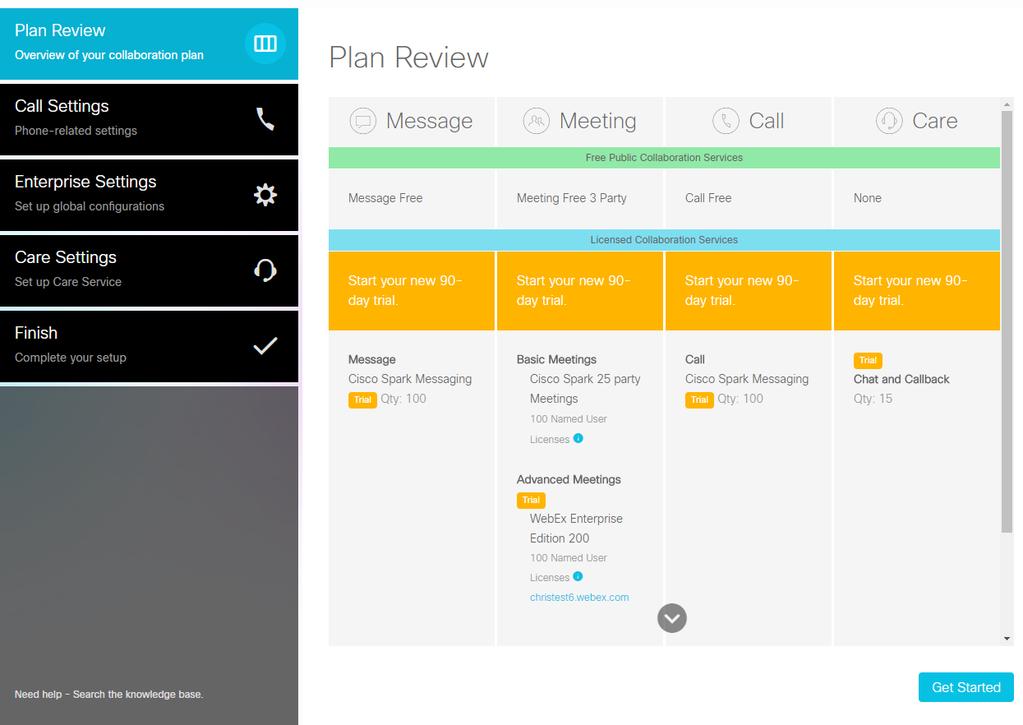 the Webex Teams Admin and follow the trial setup wizard to