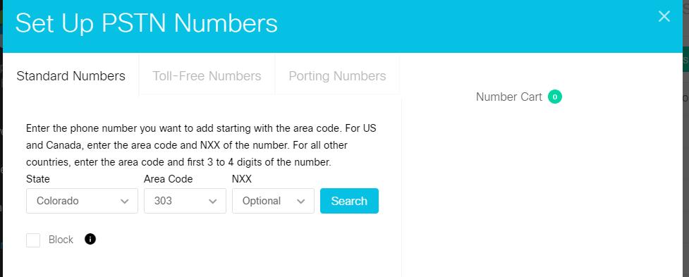 Customer Ordering The Add numbers button will allow the customer to search by area code and NXX. Selecting Search will generate a list of available numbers based on the customer input criteria.
