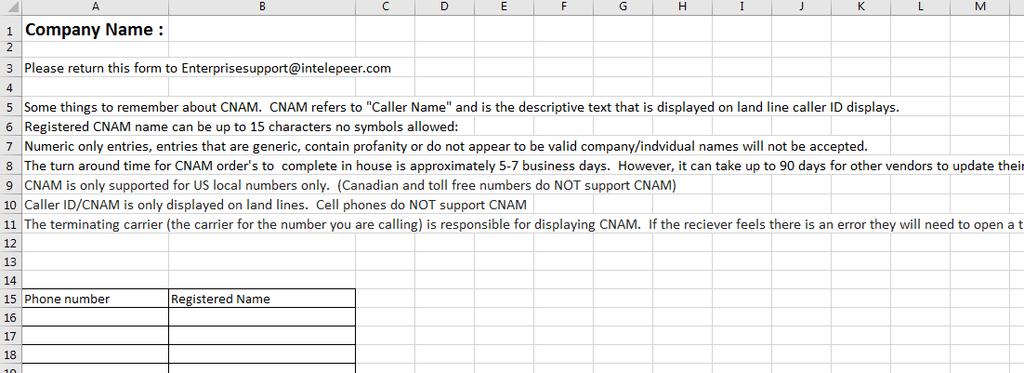 Caller ID Name (CNAM) Registration In order to register CNAM, the customer must first download the IntelePeer CNAM Order Form.