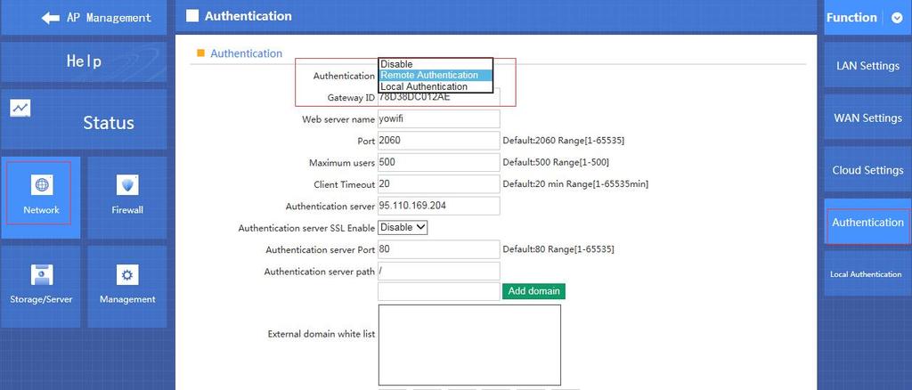 4.5.4 Authentication A. Remote Authentication: Remote Authentication: work with cloud server to do the advertisement or portal authentication. Pls note: the cloud server should support wifidog.