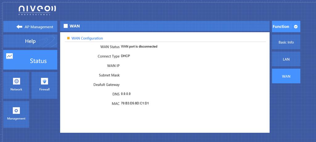 4.9.3 WAN Status WAN Setting It shows NWAC7000 s WAN status, Connect Type, WAN IP, Subnet Mask, Gateway IP, DNS and MAC info. 4.