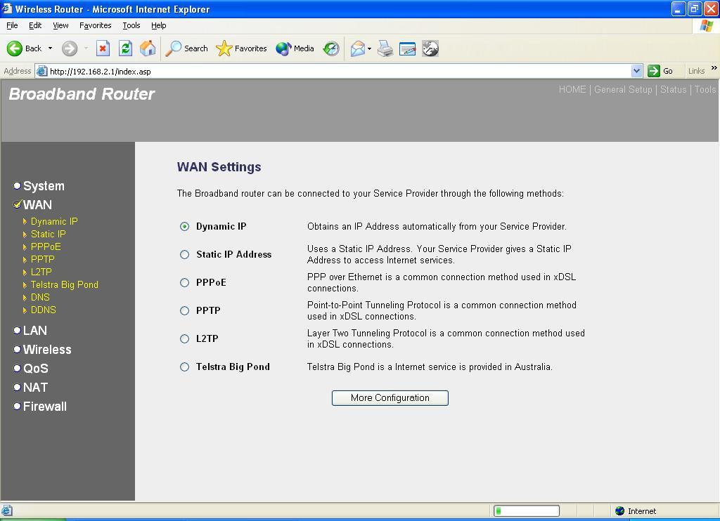 2.2 WAN Use the WAN Settings screen if you have already configured the Quick Setup Wizard section and you would like to change your Internet connection type.