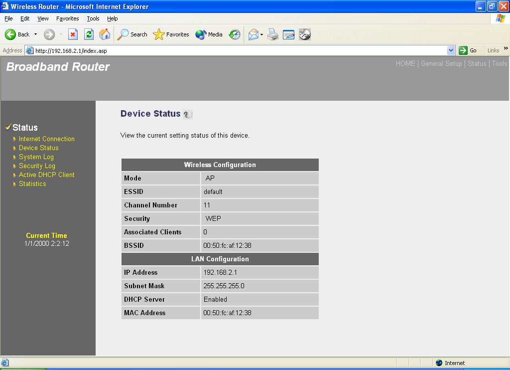 Parameters Device Status Description This page shows the Broadband router s current device settings.