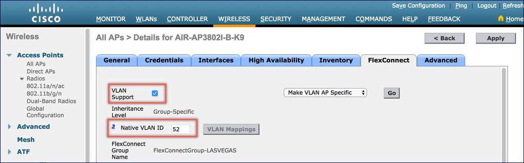 Step 3: Configure Native VLAN on FlexConnect AP When connecting with Native VLAN on
