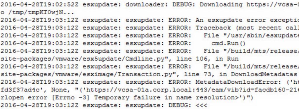 On the host that is having an issue, run the tail /var/log/esxupdate.log command. See https://kb.vmware.com/kb/2053782.