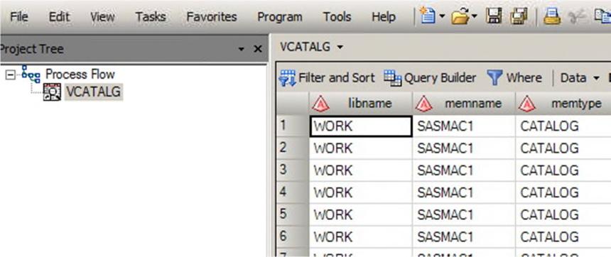 Image 1. Screen shot of SASHELP.VCATALG showing memname as SASMAC1 We rescued this mission by replacing the PROC CATALOG statement with the one below: proc sql ; create table work.