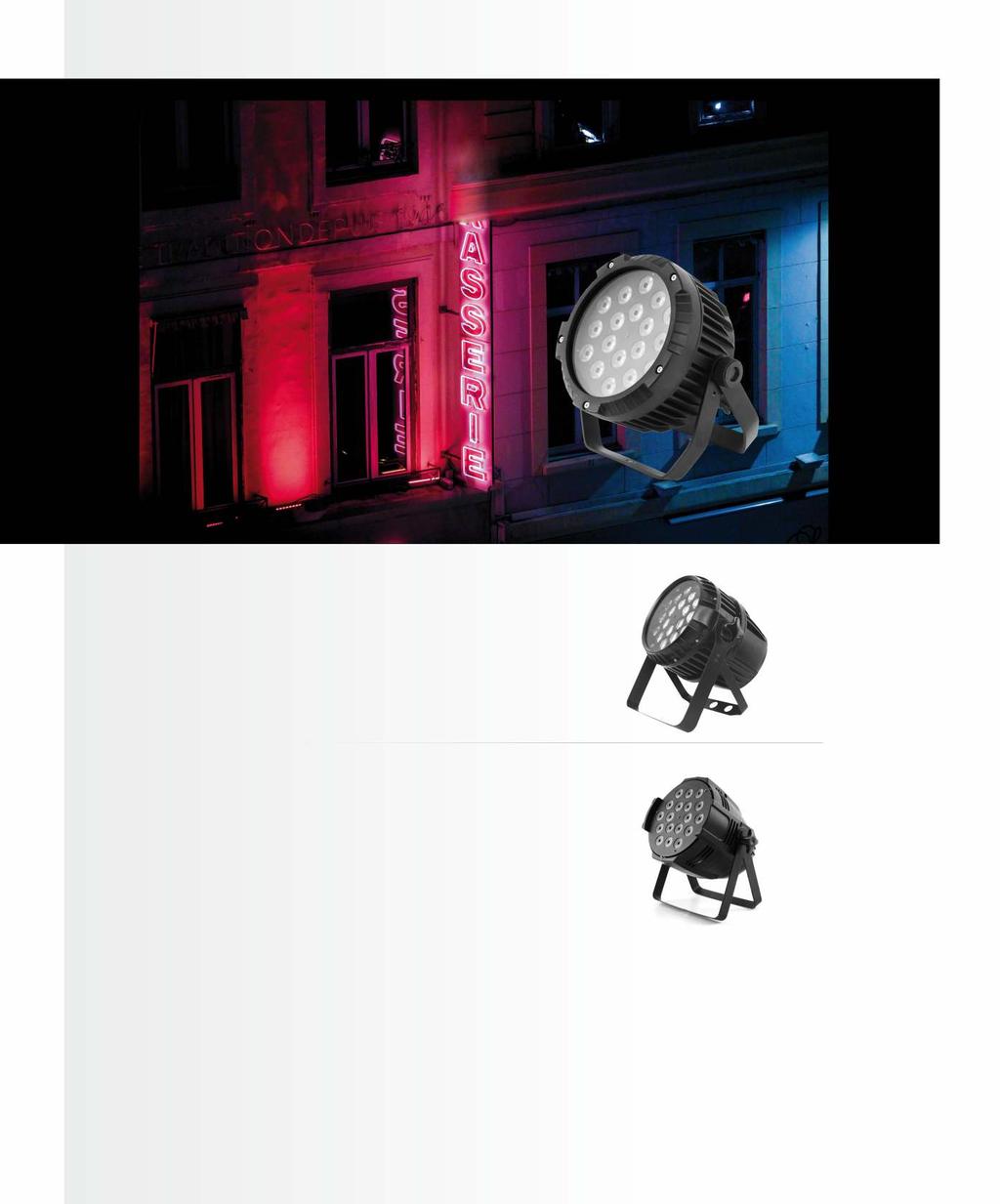 LED PAR 64 IP65 ver.ii 18x10W RGBW 4in1 [F7100310] Designed for outdoor use, for example to illuminate the facades of buildings. It can display sta c colors or change the colors in automa c mode.