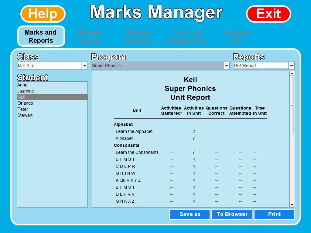 MARKS MANAGER Marks Manager is a tool used by teachers to manage students and classes; view student marks and reports; assign pre-tests and assignments; view Scope and Sequence documents; license