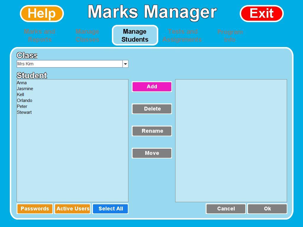 MANAGE STUDENTS The Manage Students tab allows individual student records to be created, renamed, moved and deleted.