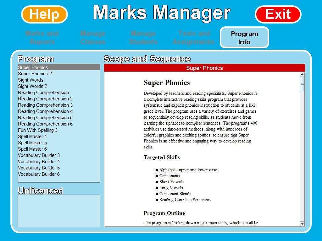 PROGRAM INFO The Program Info section displays scope and sequence information for activated Essential Skills Online program. On the left hand side of the screen is a list of these programs.