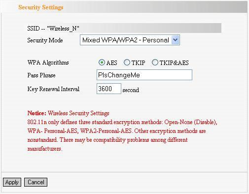 d. Mixed WPA/WPA2-Personal WPA Algorithms: Select one encryption type, AES, TKIP or TKIP&AES.