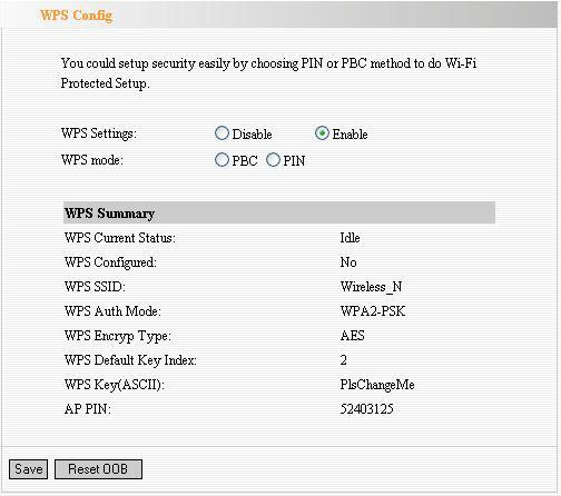 WPS Settings Wi-Fi Protected Setup (WPS) is the simplest way to build connection between wireless network clients and ZSR4134WS.