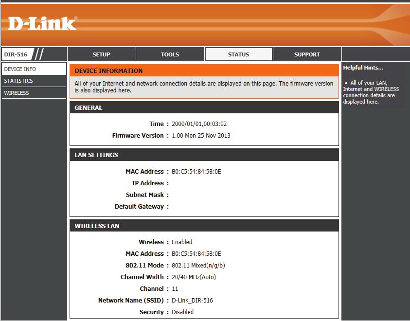 Section 2 - Setting Up With a Web Browser - Access Point Mode Status Device Info This page displays the current status and basic settings of the router.
