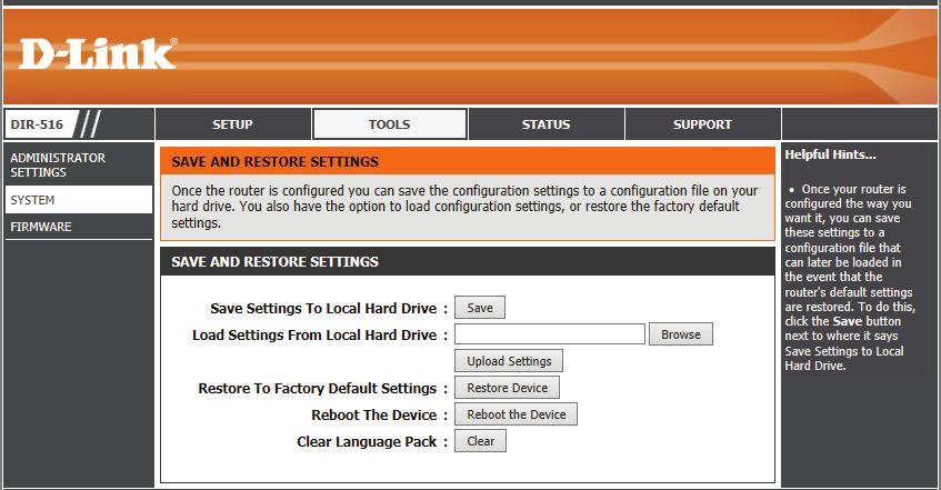 Section 2 - Setting Up With a Web Browser - Router Mode System This page allows you to save the router s current configuration file onto your computer s hard drive or load a saved file from your hard