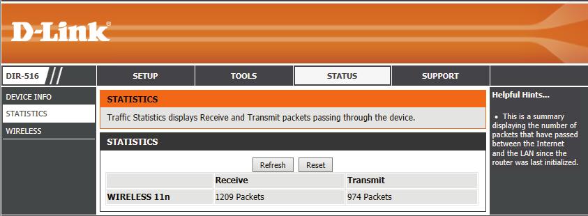 Section 2 - Setting Up With a Web Browser - Router Mode Statistics This page displays the statistics for packets that have been transmitted and received on the network on