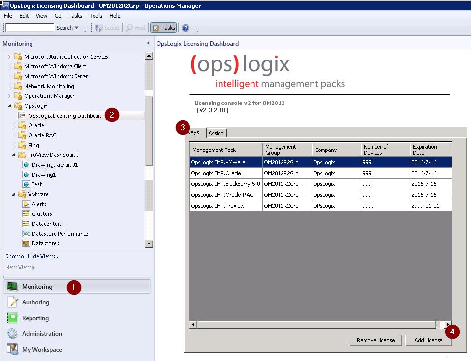 2. Open the SCOM console as an administrator and then: (1) Navigate to the Monitoring pane (2) Open the OpsLogix Licensing Dashboard