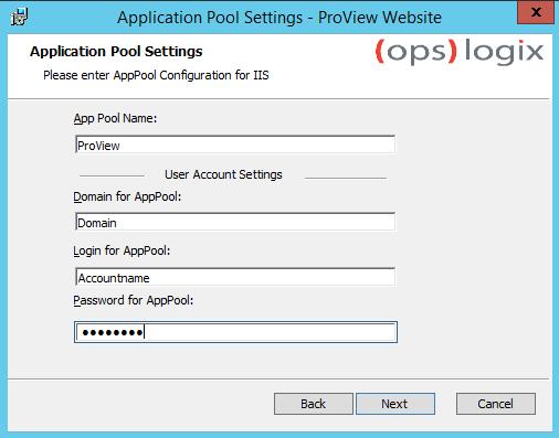 6. Enter the details for the Application Pool Settings.