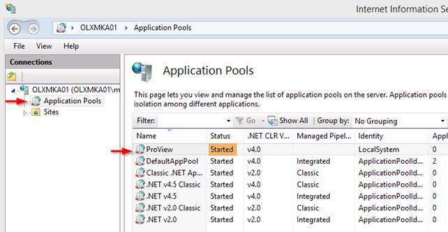 11. Using IIS manager open the Application Pools folder.