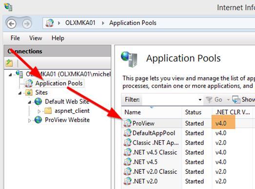 Select the application pool that you specified during the ProView setup. Click OK to close the dialog. 4.
