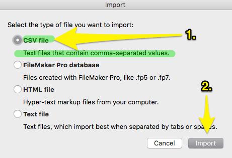 4. Import dialog 4.1. Select file type 1. Select CSV. 2. Click Import. 4.2. Select data (file) formats The next step may be different, depending on the operating system, application, and even the version of Excel.