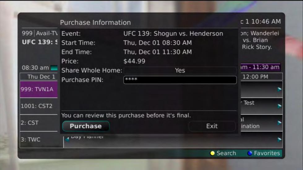 6. A Confirm Purchase window will appear showing the Pay Per View event purchase
