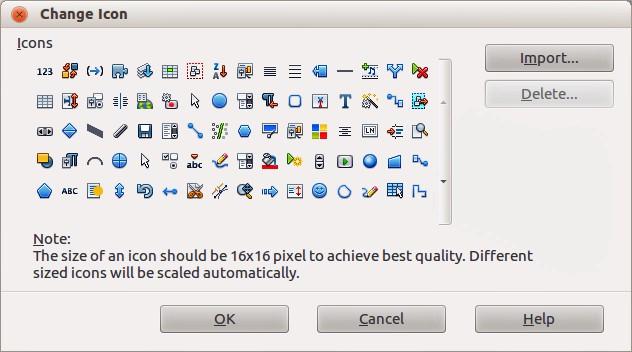 Figure 16: Change Icon dialog Note To use a custom icon, create it in a graphics program and then import it into LibreOffice by clicking Import on the Change Icon dialog.