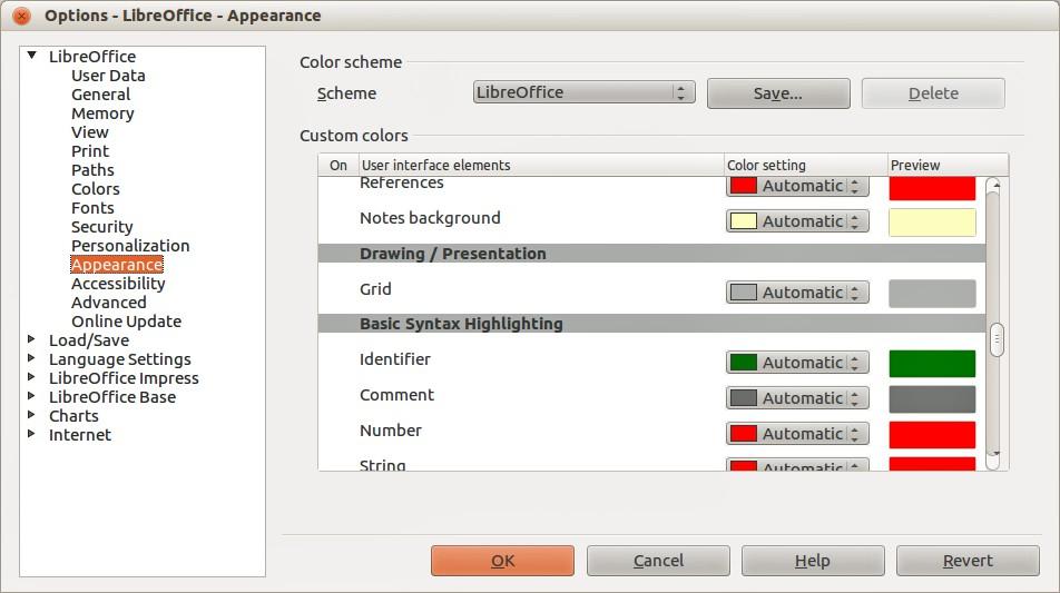 Appearance options In the Options dialog, click LibreOffice > Appearance to specify which items are visible and the colors used to display various elements of the user