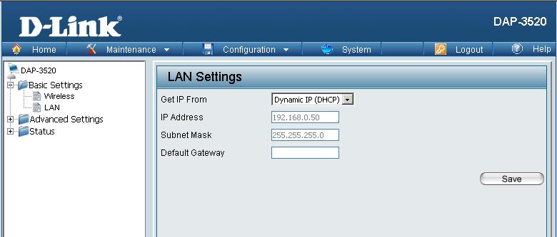 LAN LAN is short for Local Area Network. This is considered your internal network. These are the IP settings of the LAN interface for the DAP-3520.