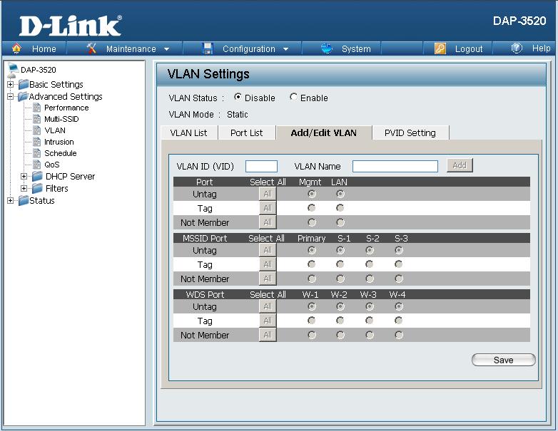Add/Edit VLAN The Add/Edit VLAN tab is used to configure VLANs. Once you have made the desired changes, click the Apply button to let your changes take effect.