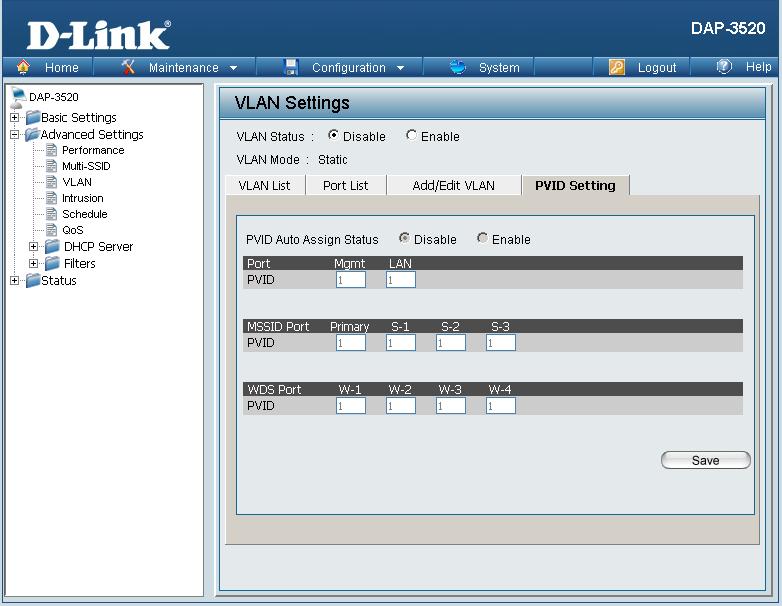PVID Setting The PVID Setting tab is used to enable/disable the Port VLAN Identifier Auto Assign Status as well as to configure various types of PVID settings.