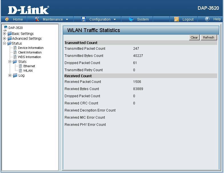 WLAN WLAN Traffic Statistics: This page displays wireless network