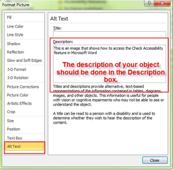 Add or Modify Alternative Text Enter the description of image or object into Description text box.