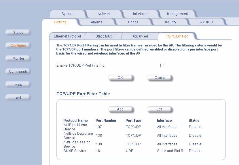 Setting Filters Figure 4-12: TCP/UDP Port Filtering Configuration Page Adding TCP/UDP port filters 1.