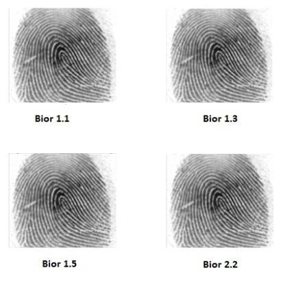 The results showed (fig 12 & table 1), BIOR perform better than daubechies, symlet and coiflet wavelets for fingerprint image but extracted image quality