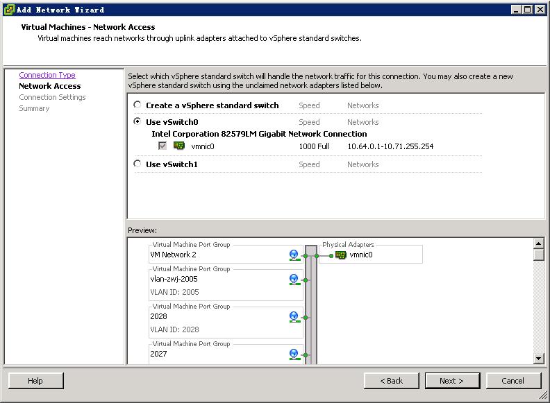 Figure 3-13 Virtual switch selection f. Set the network label to V2003 and VLAN ID to 2003. Click Next to open the Summary page. g. Click Finish to complete the operation. h.
