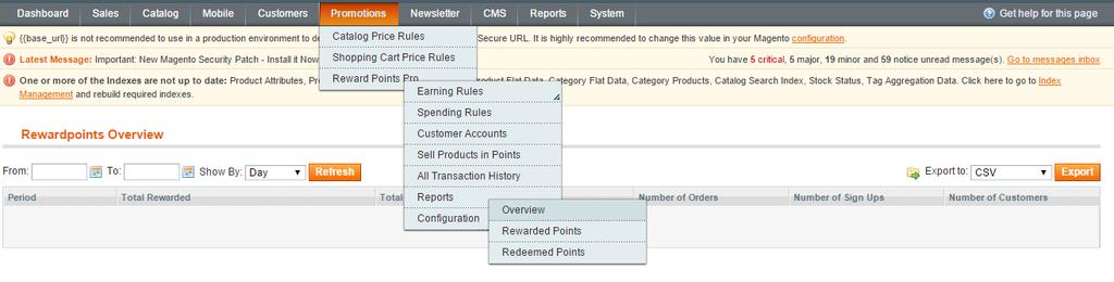 Reports tab includes 3 sub-tabs: Overview, Rewarded points, Redeemed points In the From and To fields, use calendar icon to