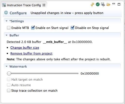 Figure 4.2. Instruction Trace Config View for MTB Instruction Trace 4.2.1 Configuring the Buffer If the target does not have a buffer allocated for the MTB the View will display instruction on how to create the buffer when it is refreshed.