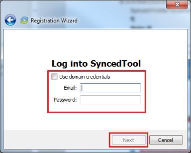 3. In the Log into Synced Tool screen, enter your login credentials as provided by your administrator. Click the Next button to continue. 4.