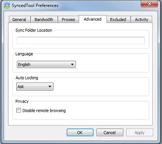 Click the Advanced tab to view or change advanced preferences, including: The Sync Folder Location path, which displays your root directory where files are stored.
