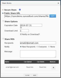 In the Share Access dialog box, configure settings for sharing the link, including: The Secure Share option, which sends password-protected share links to items.