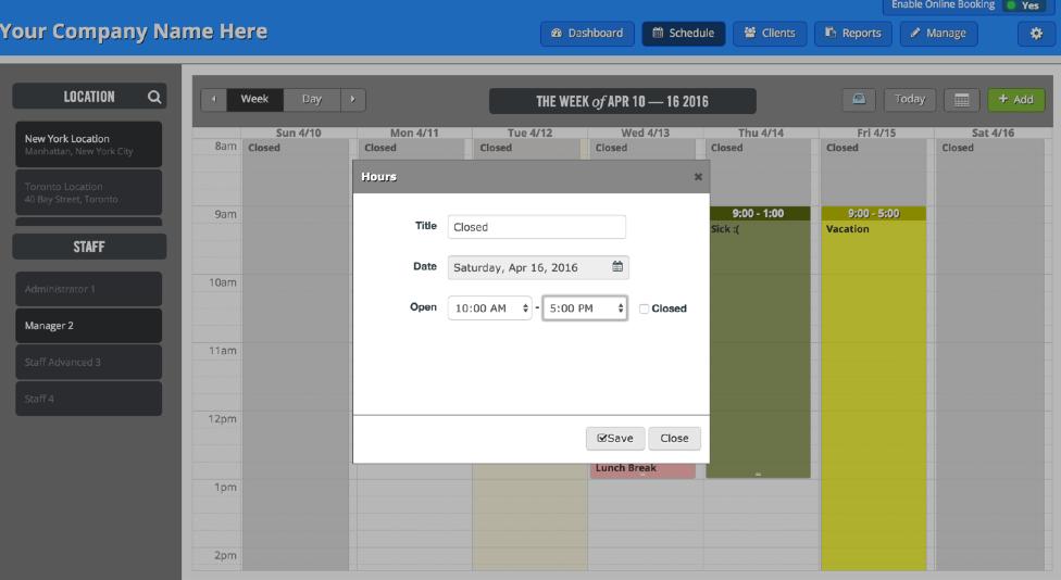 Staff view Schedule Change hours from the schedule A quick and easy way to change your hours on the fly is to edit your default hours right from the Schedule.