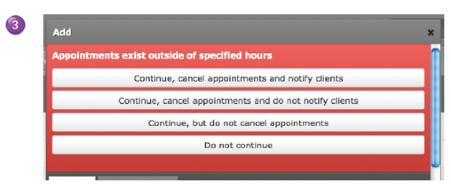 (3) If the entered hours conflict with existing appointments the following warning with options will appear.