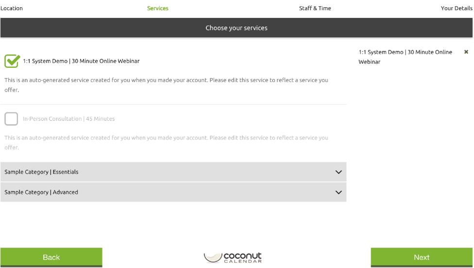 Client view Walkthrough Step 2 : Choose service(s) (1) Group services by