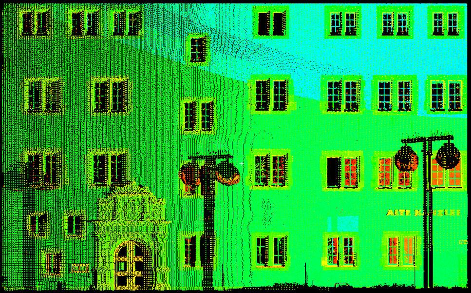 These 3D points are then transformed to a local coordinate system as defined by the façade plane. Figure 2 shows the resulting point cloud, which has an approximate spacing of 4cm.