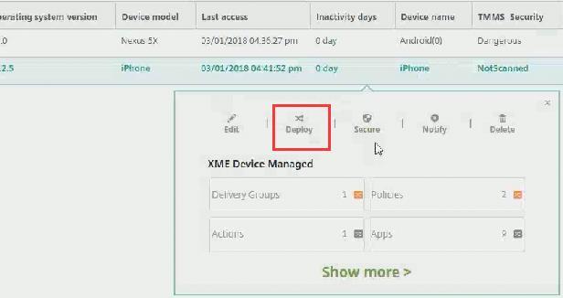 5. Configure from the web console to deploy the mobile security application, wait Citrix XenMobile application to install the mobile