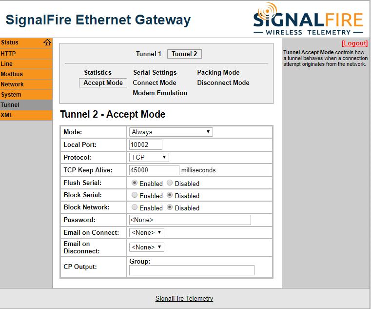Changing the SignalFire Toolkit Port To change the SignalFire Toolkit port, first select the Tunnel tab.